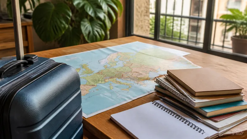 Maleta y cuadernos genéricos junto a un mapa de movilidad universitaria