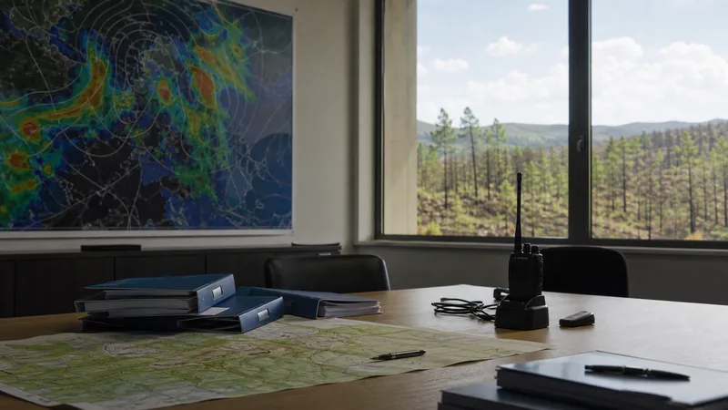 Documentación administrativa y mapa abstracto de riesgo forestal sobre una mesa