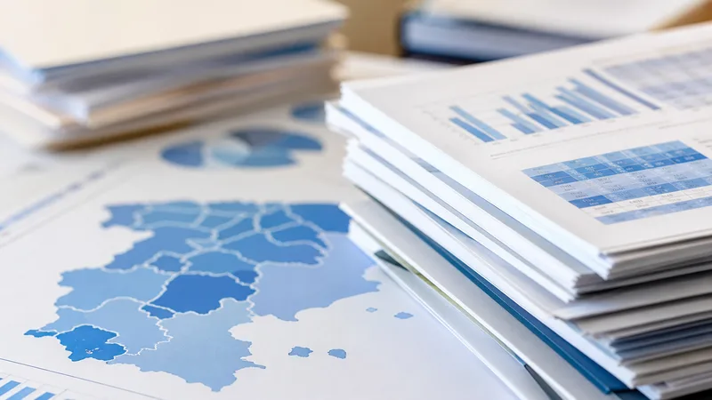 Documentación financiera pública genérica con un mapa territorial abstracto