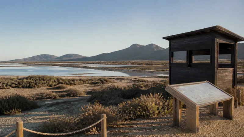 Composición editorial genérica y exclusiva de salinas y observatorio junto a paisaje árido protegido; no representa horarios, aforo ni condiciones en tiempo real