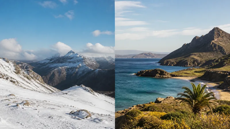 Contraste genérico entre un paisaje invernal y una costa insular templada