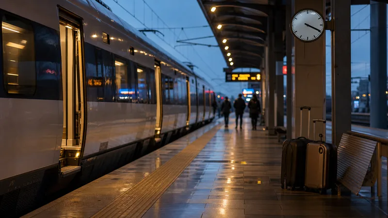 Tren en un andén al anochecer con reloj, equipaje y viajeros lejanos