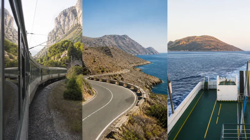 Composición editorial genérica y exclusiva de tres medios de transporte conectados en un paisaje español diverso; no representa horarios, aforo ni condiciones en tiempo real