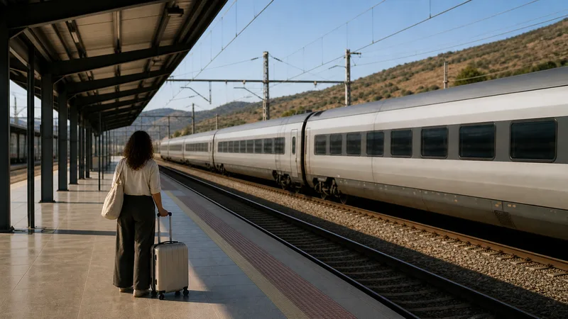 Viajera con maleta en un andén ante un tren interurbano