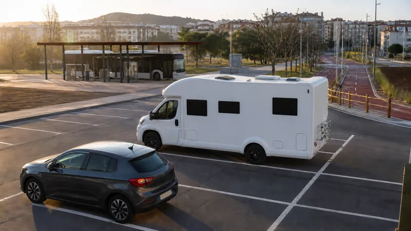 Coche y autocaravana en un aparcamiento conectado con autobús y carril bici
