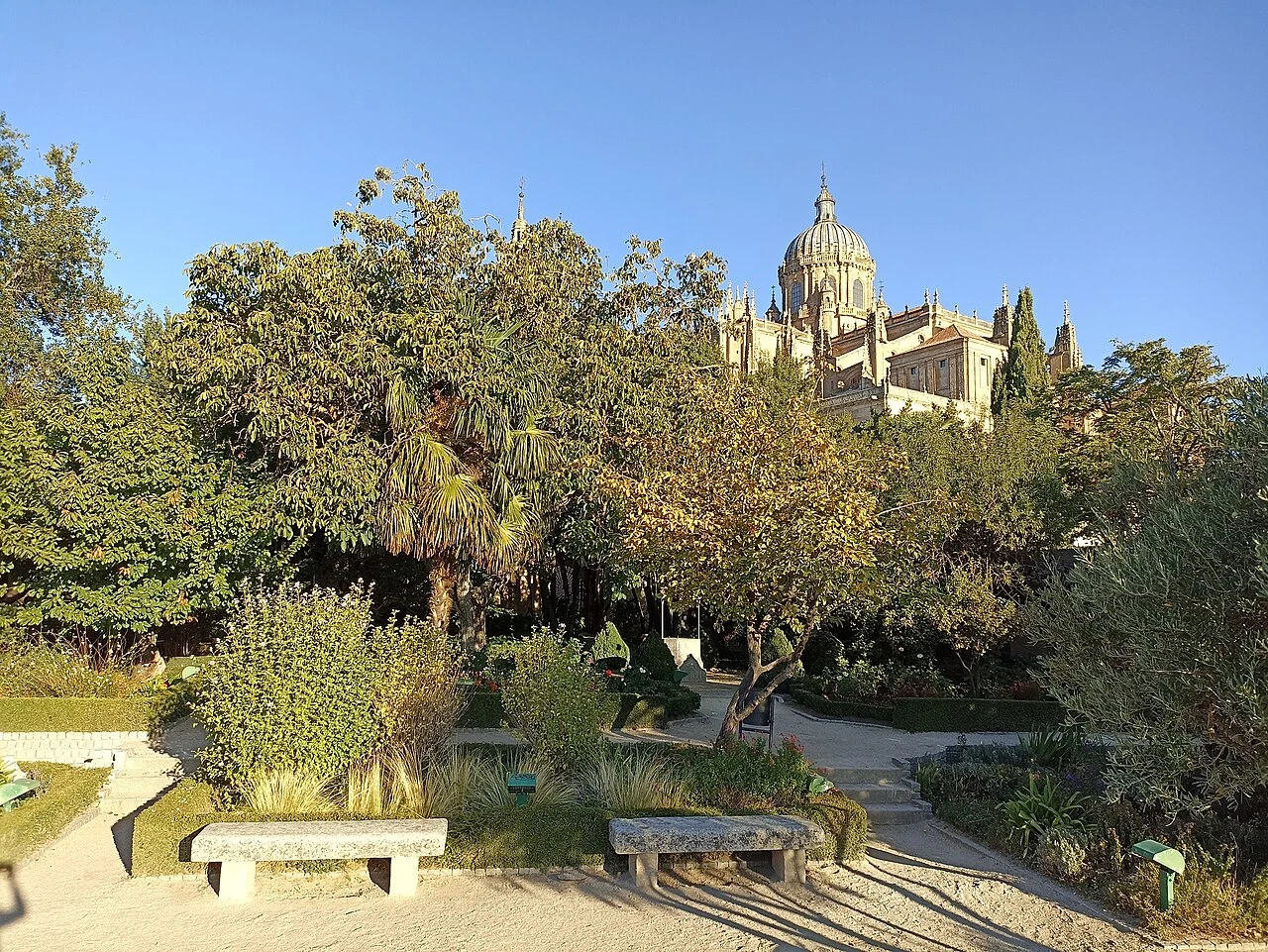 Senderos y bancos del Huerto de Calixto y Melibea con la catedral al fondo