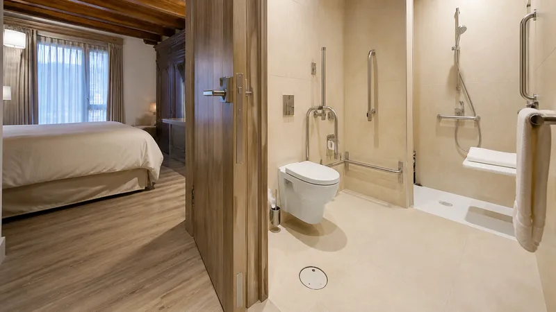 Composición editorial genérica y exclusiva de habitación y baño accesibles mostrados sin personas; no representa horarios, aforo ni condiciones en tiempo real