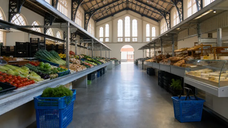 Pasillo de un mercado municipal con verduras, pan y productos cotidianos