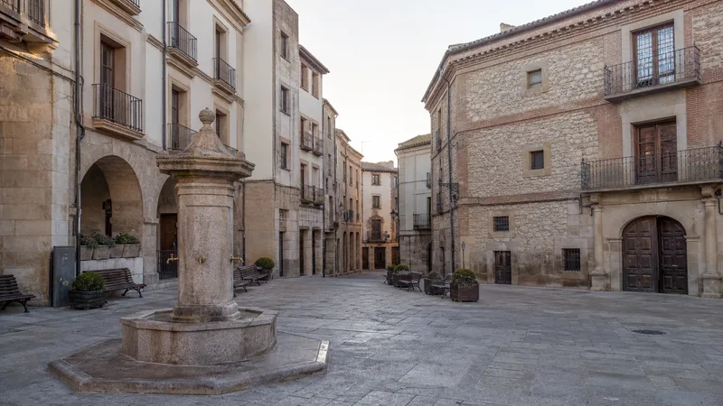 Plaza peatonal histórica con fuente pública, soportales y bancos