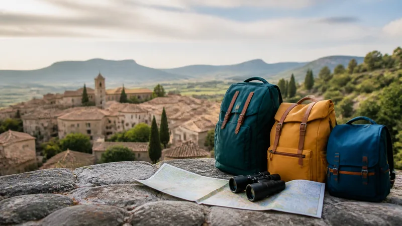Mochilas familiares genéricas junto a un mapa y prismáticos