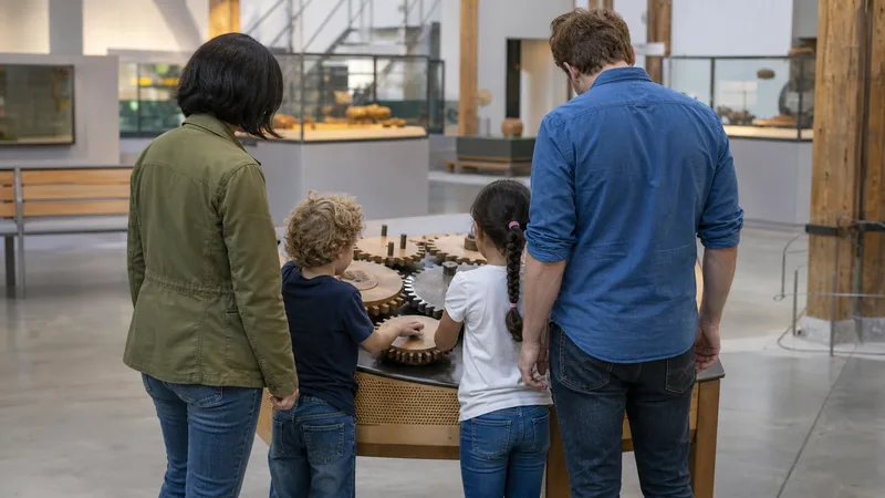 Familia observando a dos menores utilizar un mecanismo interactivo en un museo