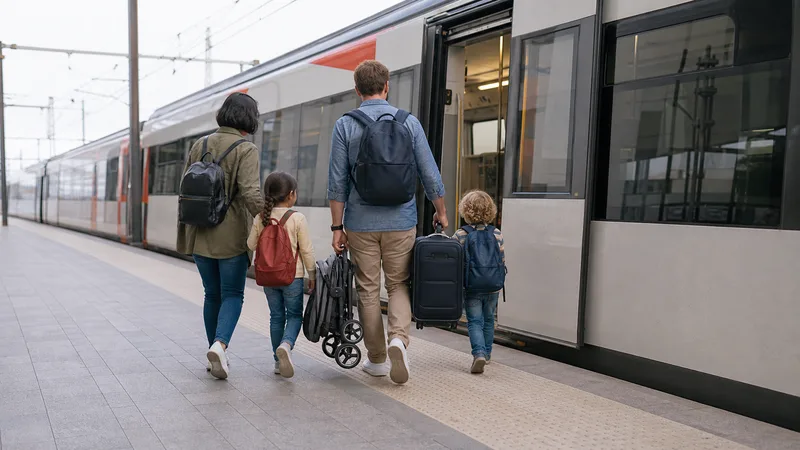 Familia con dos menores, maleta y cochecito plegado embarcando en un tren