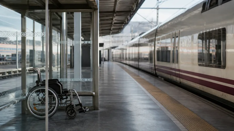 Composición editorial genérica y exclusiva de andén accesible y panel de conexiones sin texto legible; no representa horarios, aforo ni condiciones en tiempo real