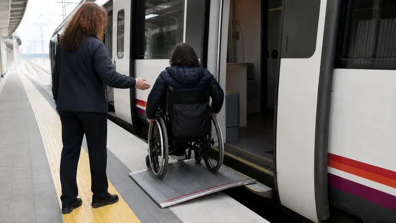 Persona en silla de ruedas embarcando mediante una plataforma con asistencia