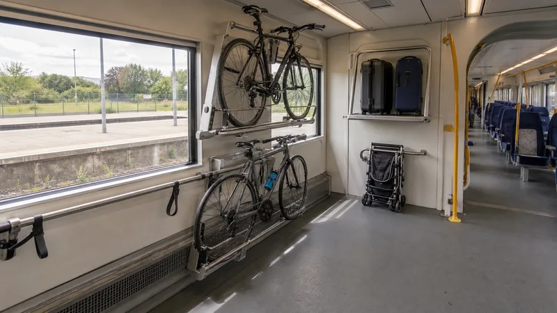 Zona interior de un tren regional con bicicletas, maletas y cochecito colocados