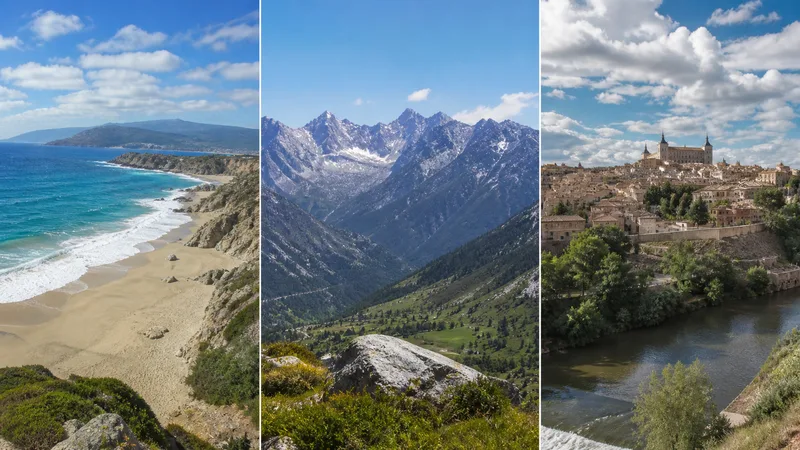 Paisajes genéricos de costa, montaña y ciudad en verano