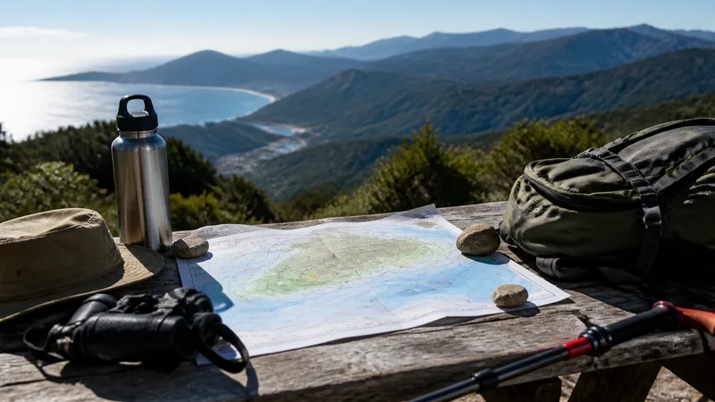 Composición editorial genérica y exclusiva de mochila con agua, sombrero y mapa meteorológico sin texto; no representa horarios, aforo ni condiciones en tiempo real