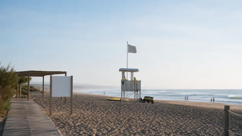 Playa genérica al amanecer con pasarela, sombra, torre y panel informativo
