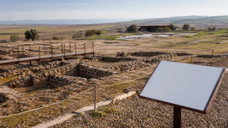 Yacimiento arqueológico genérico con muros bajos, pasarela y paisaje agrario