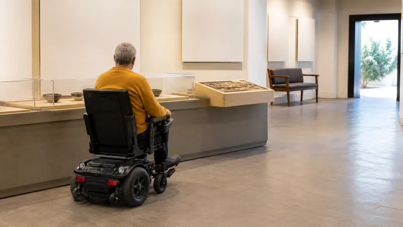 Visitante en silla eléctrica ante una vitrina baja y una maqueta accesible