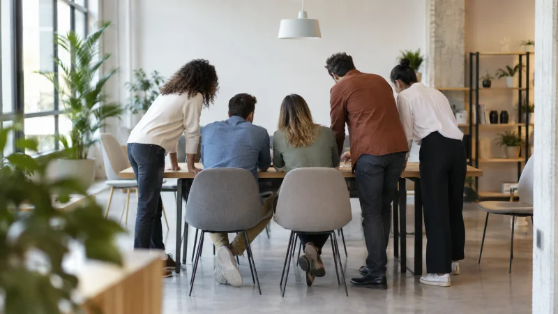 Personas adultas trabajando juntas en una oficina luminosa