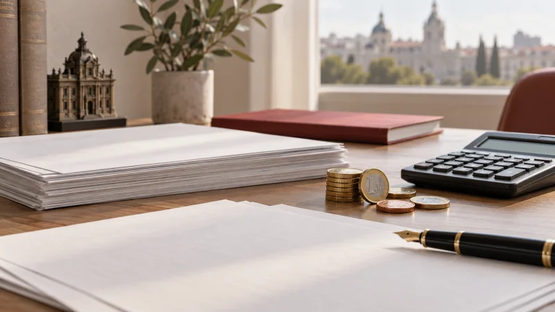 Documentos financieros y monedas sobre una mesa en una ilustración conceptual relacionada con una subasta de deuda pública
