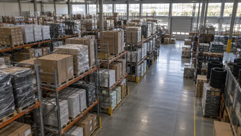 Almacén comercial con estanterías, cajas, palés y neumáticos sin marca