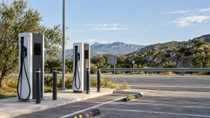 Dos cargadores eléctricos públicos junto a una carretera interurbana y paisaje mediterráneo