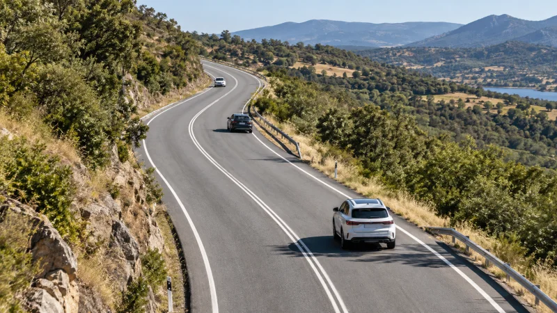 Carretera convencional sinuosa con varios vehículos circulando