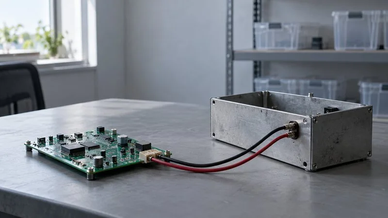 Placa electrónica conectada a una carcasa metálica en un espacio de prototipado