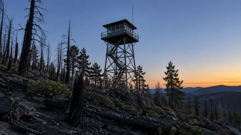 Torre de vigilancia forestal genérica en una ladera quemada al anochecer
