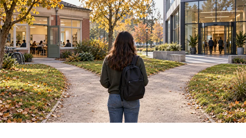 Imagen conceptual de una persona joven ante dos caminos que conducen a un aula y a un lugar de trabajo