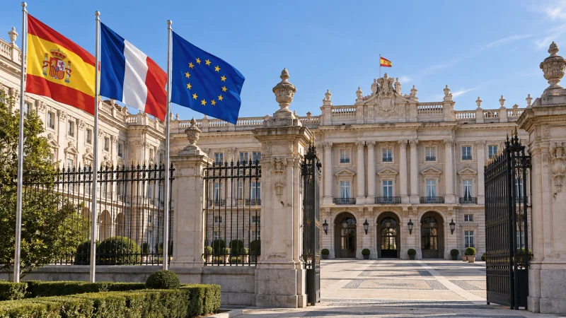 Patio del Palacio Real de Madrid con las banderas de España, Francia y la Unión Europea.