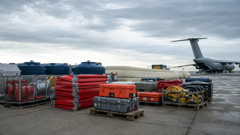 Equipos de respuesta ante inundaciones e incendios preparados en una base logística bajo un cielo cubierto