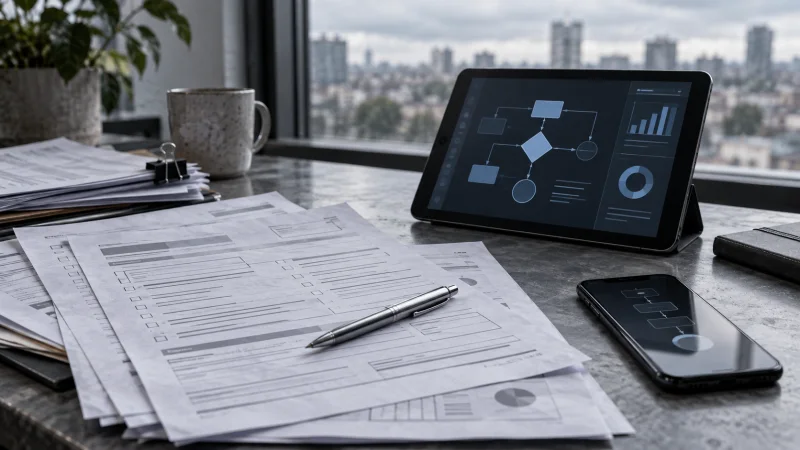 Documentos contractuales genéricos junto a una tableta con un diagrama algorítmico abstracto