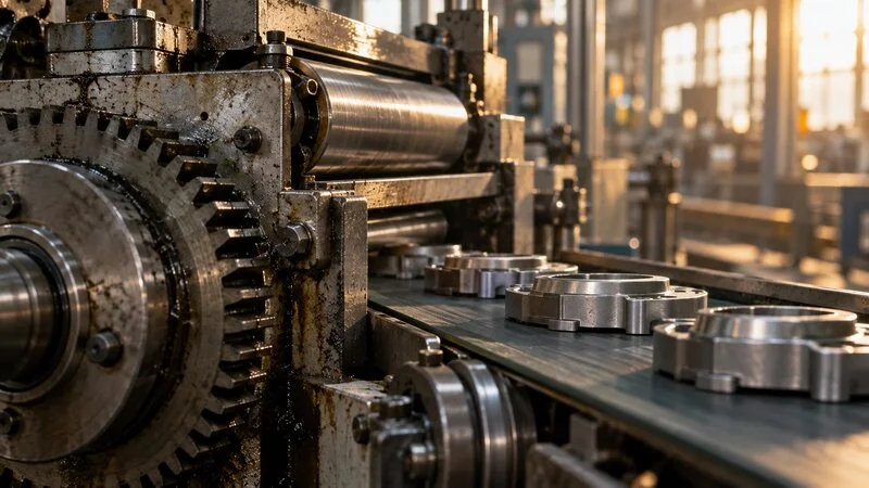 Engranajes, rodillos y componentes metálicos en una línea industrial automatizada