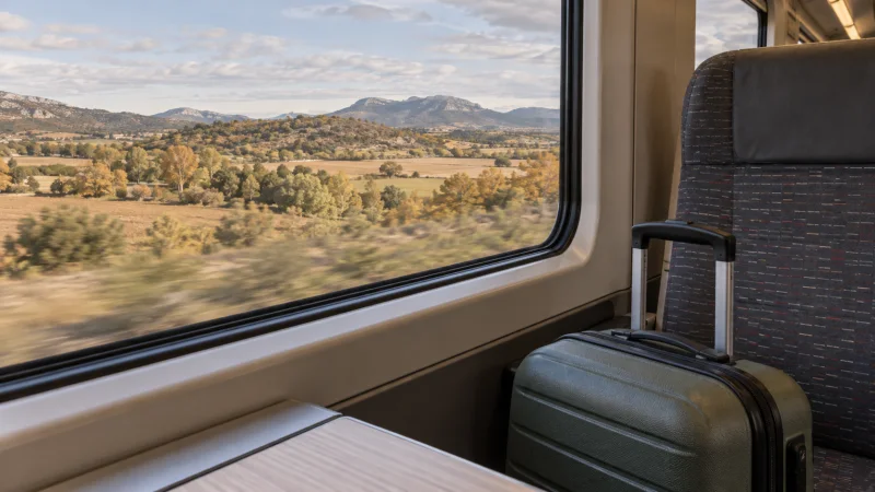 Maleta junto a la ventana de un tren mientras atraviesa un paisaje rural español.