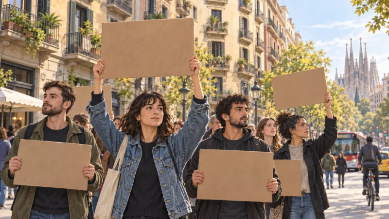 Personas con carteles sin texto ante edificios de viviendas en una ciudad
