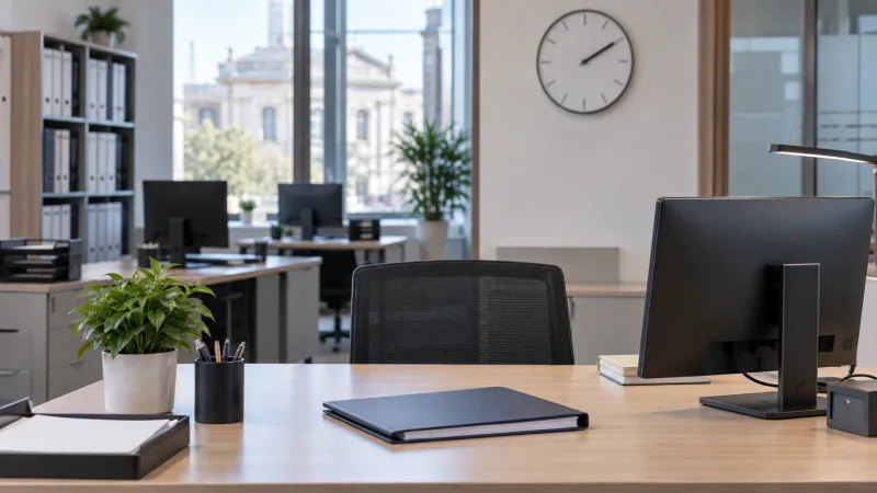 Oficina administrativa vacía con puestos de trabajo y un reloj de pared.