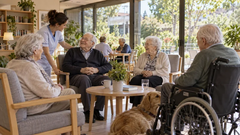 Personas residentes conversan con una profesional en una sala luminosa de un centro residencial con acceso a un jardín.