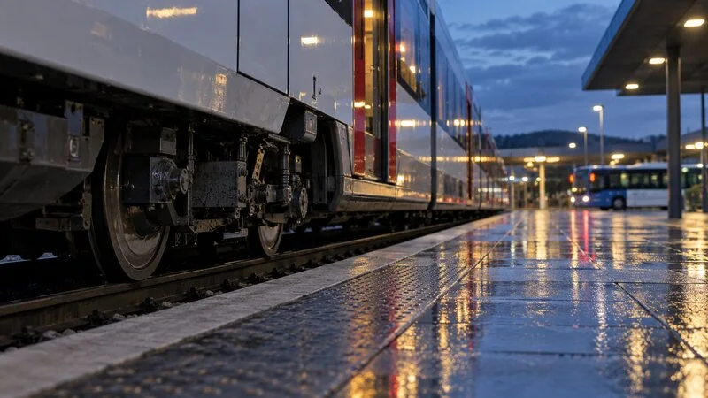 Detalle de un tren junto a un andén mojado y un autobús al fondo en un intercambiador