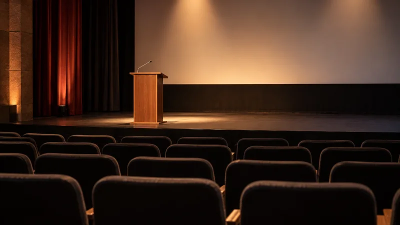 Un atril vacío bajo la luz de un escenario de cine, con filas de butacas al fondo.