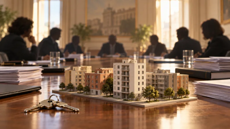 Maqueta de edificios de viviendas y unas llaves sobre la mesa de una reunión institucional