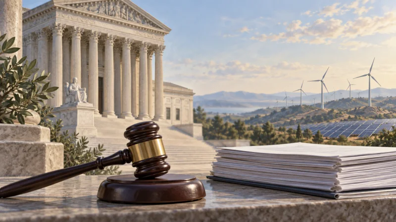 Ilustración conceptual de una sede judicial junto a un parque eólico y paneles solares.