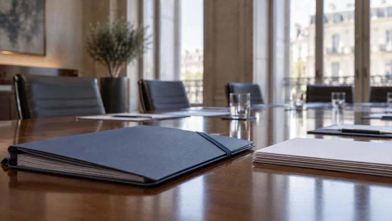 Carpeta y documentos en una mesa de reuniones vacía, como ilustración de la negociación presupuestaria