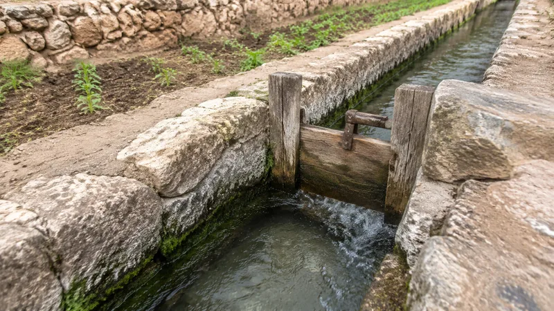 Detalle de una acequia tradicional de piedra con una compuerta de madera que distribuye el agua de riego