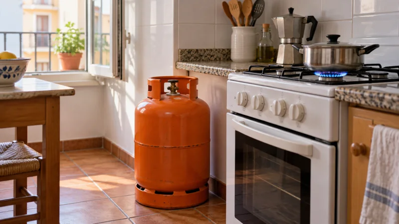 Una bombona de butano junto a un fogón encendido en una cocina doméstica