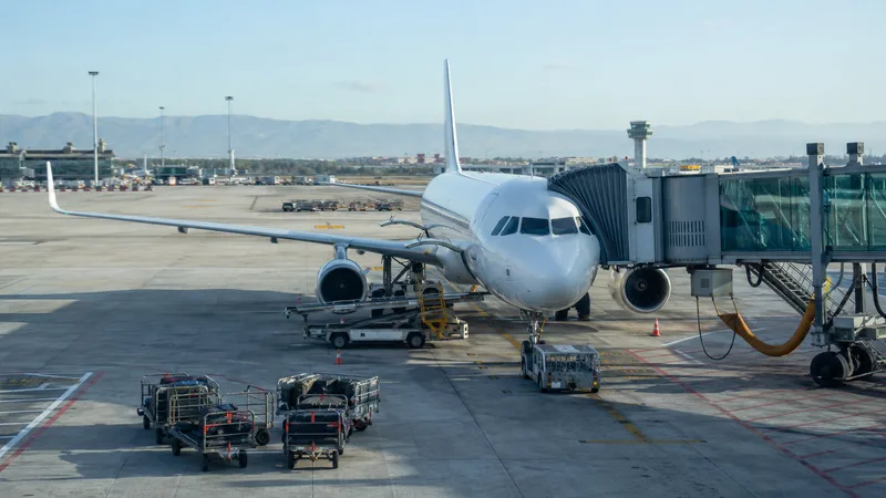 Avión comercial sin logotipos estacionado en la plataforma de un aeropuerto durante una mañana despejada