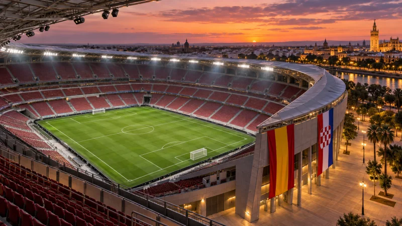 Estadio de fútbol iluminado al atardecer con banderas de España y Croacia.