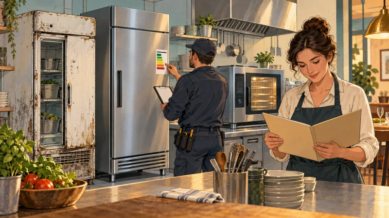 Una trabajadora revisa una carpeta mientras se sustituyen aparatos antiguos de una cocina profesional por equipos más eficientes.